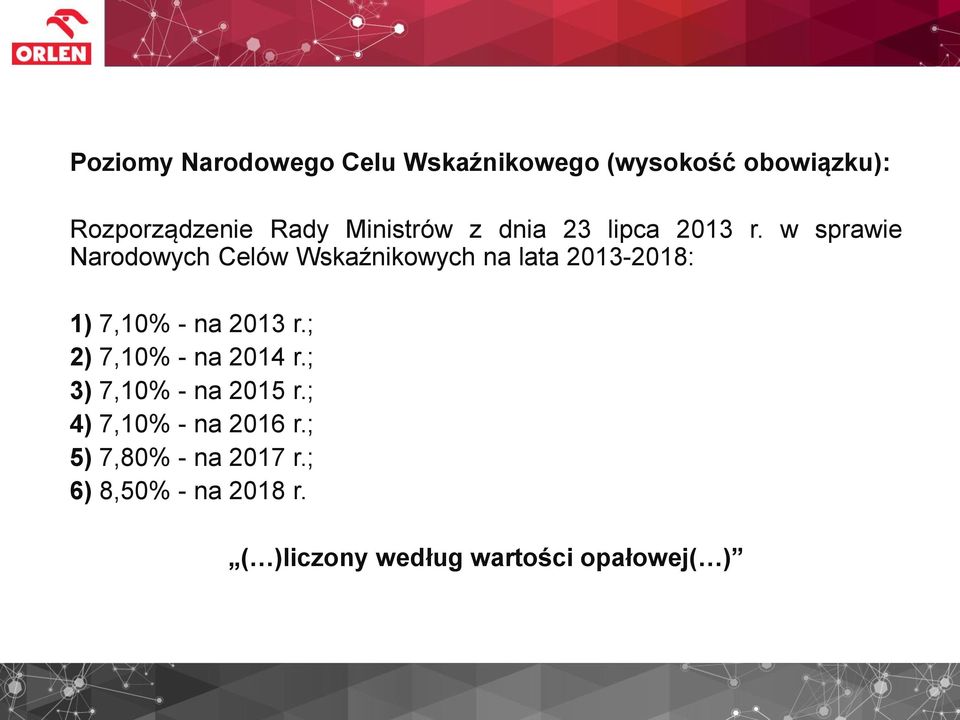 w sprawie Narodowych Celów Wskaźnikowych na lata 2013-2018: 1) 7,10% - na 2013 r.