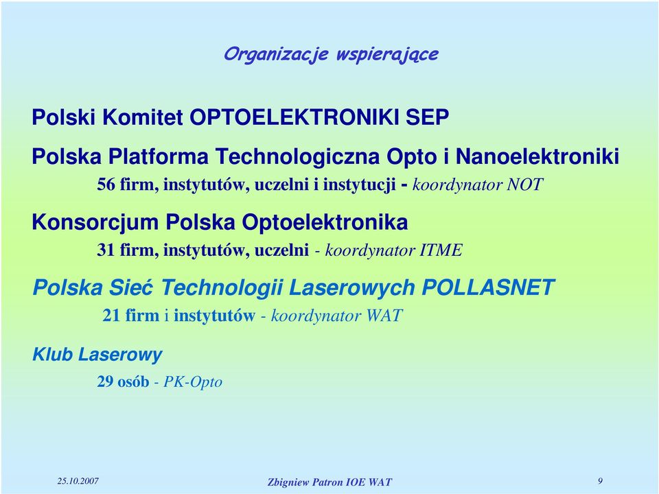 Optoelektronika 31 firm, instytutów, uczelni - koordynator ITME Polska Sieć Technologii Laserowych