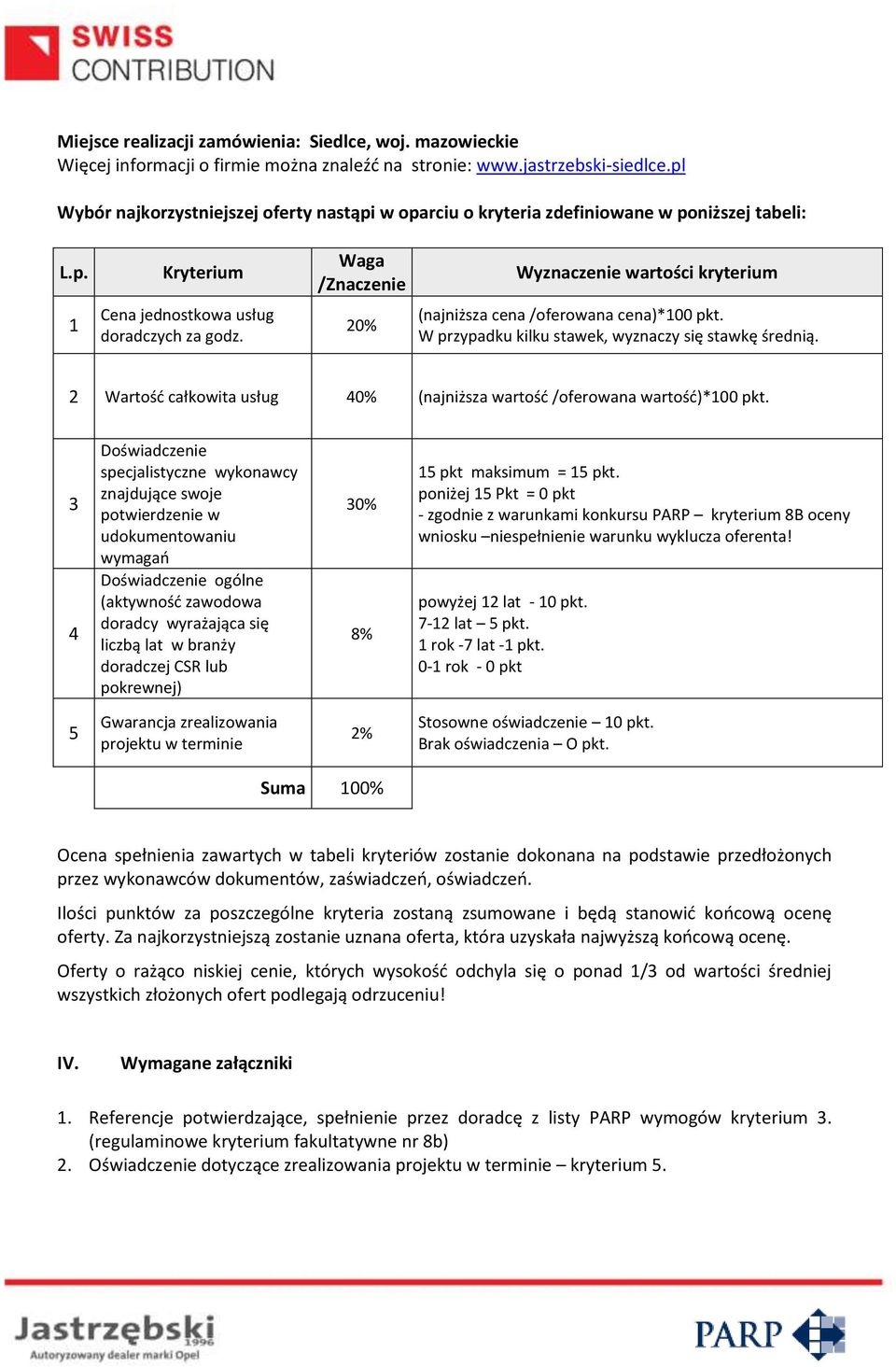 Waga /Znaczenie 20% Wyznaczenie wartości kryterium (najniższa cena /oferowana cena)*100 pkt. W przypadku kilku stawek, wyznaczy się stawkę średnią.