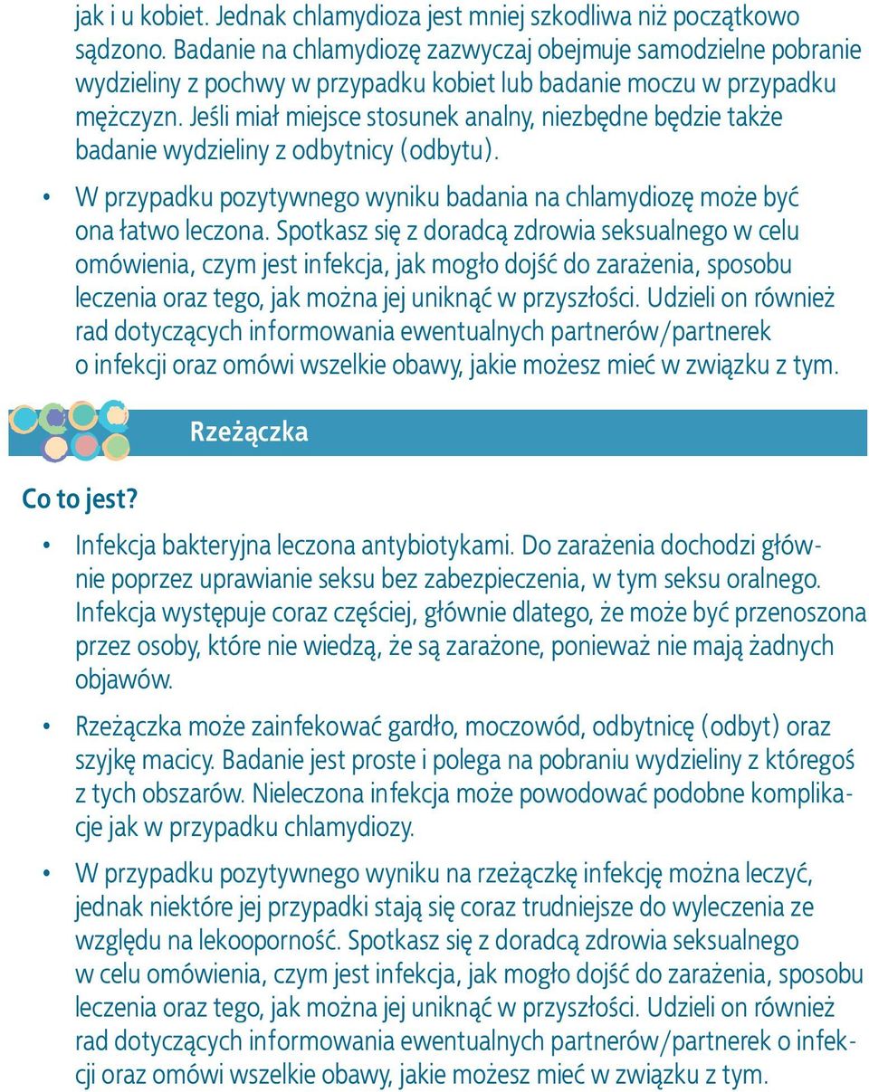 Jeśli miał miejsce stosunek analny, niezbędne będzie także badanie wydzieliny z odbytnicy (odbytu). W przypadku pozytywnego wyniku badania na chlamydiozę może być ona łatwo leczona.