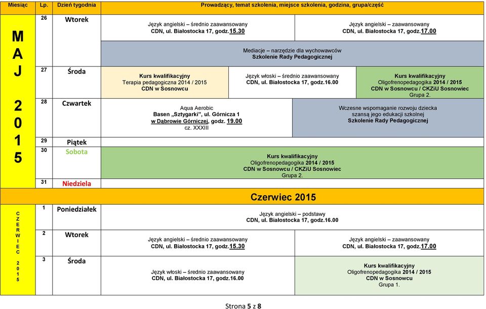 XXXIII ediacje narzędzie dla wychowawców / KZiU Sosnowiec zerwiec DN, ul. Białostocka 7, godz.