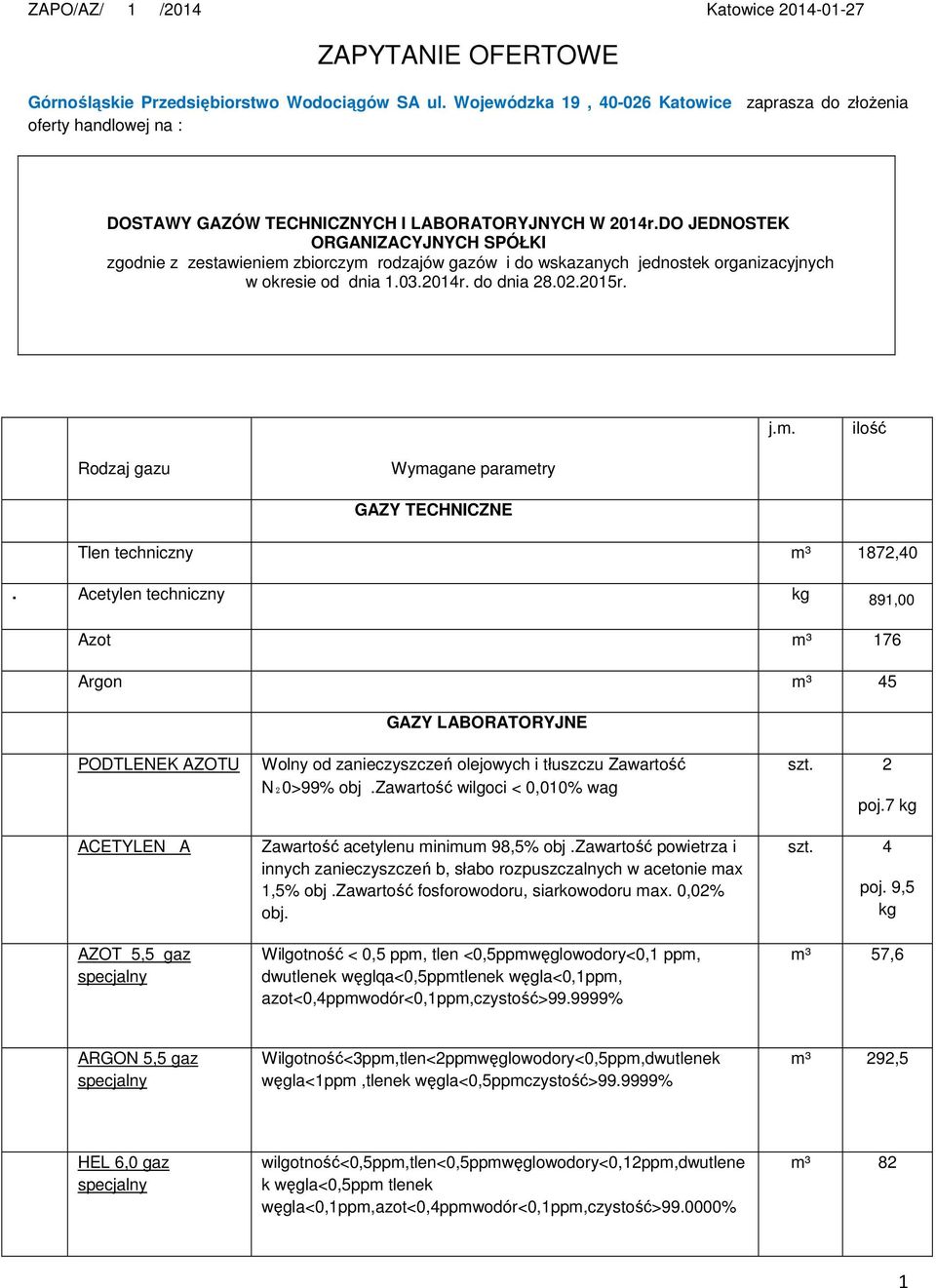 DO JEDNOSTEK ORGANIZACYJNYCH SPÓŁKI zgodnie z zestawieniem zbiorczym rodzajów gazów i do wskazanych jednostek organizacyjnych w okresie od dnia 1.03.2014r. do dnia 28.02.2015r. j.m. ilość Rodzaj gazu Wymagane parametry GAZY TECHNICZNE Tlen techniczny m³ 1872,40.