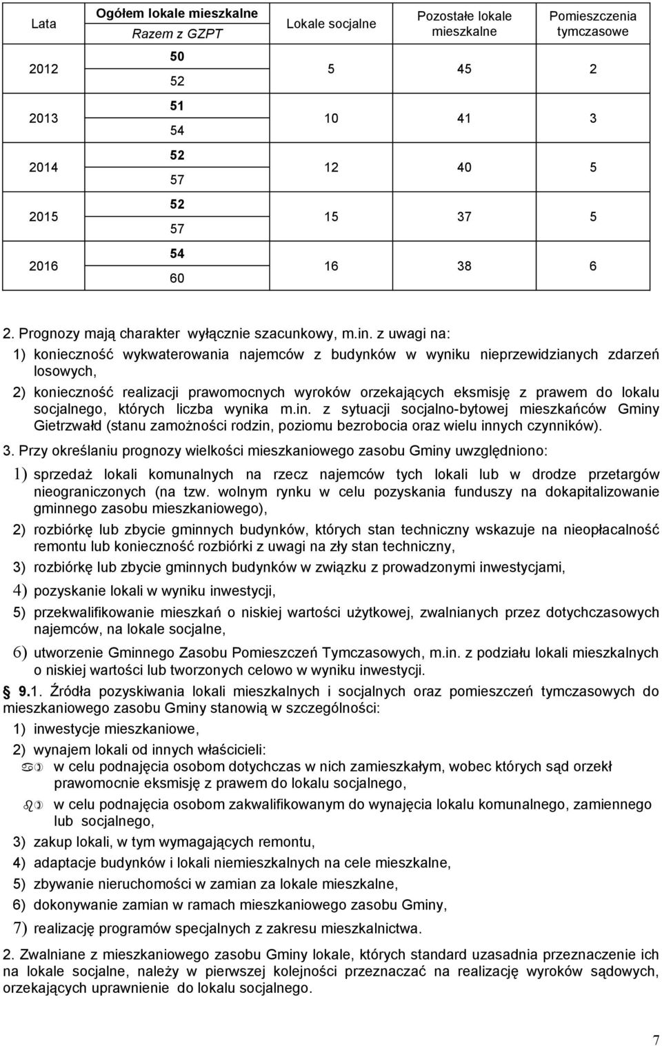 z uwagi na: ) konieczność wykwaterowania najemców z budynków w wyniku nieprzewidzianych zdarzeń losowych, ) konieczność realizacji prawomocnych wyroków orzekających eksmisję z prawem do lokalu