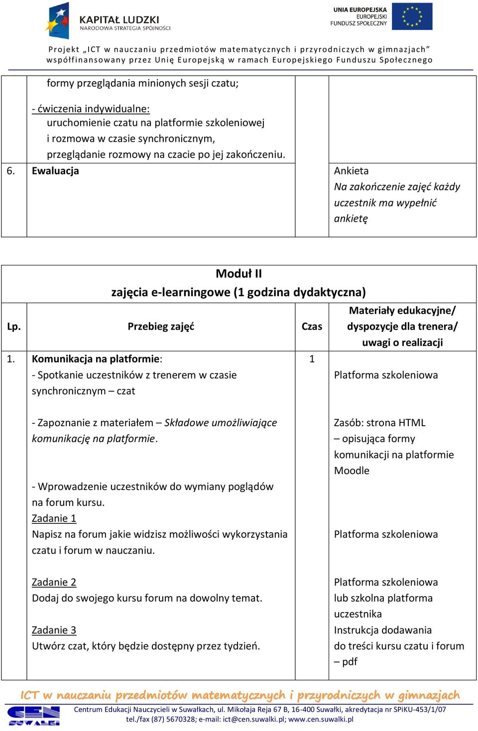 Komunikacja na platformie: - Spotkanie uczestników z trenerem w czasie synchronicznym czat Materiały edukacyjne/ dyspozycje dla trenera/ uwagi o realizacji - Zapoznanie z materiałem Składowe