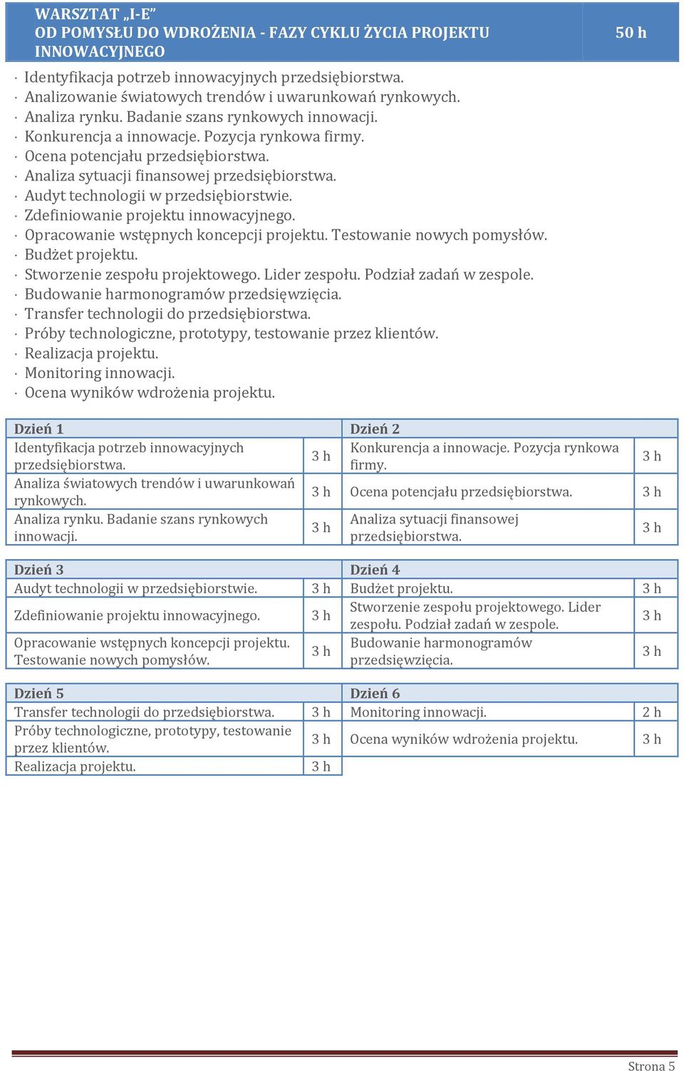 Audyt technologii w przedsiębiorstwie. Zdefiniowanie projektu innowacyjnego. Opracowanie wstępnych koncepcji projektu. Testowanie nowych pomysłów. Budżet projektu. Stworzenie zespołu projektowego.