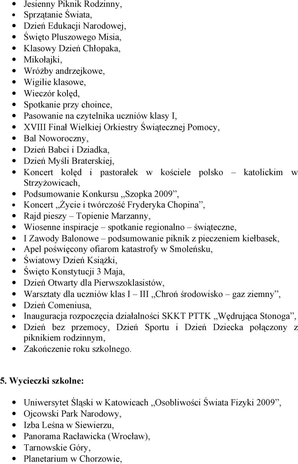 kościele polsko katolickim w Strzyżowicach, Podsumowanie Konkursu Szopka 2009, Koncert Życie i twórczość Fryderyka Chopina, Rajd pieszy Topienie Marzanny, Wiosenne inspiracje spotkanie regionalno