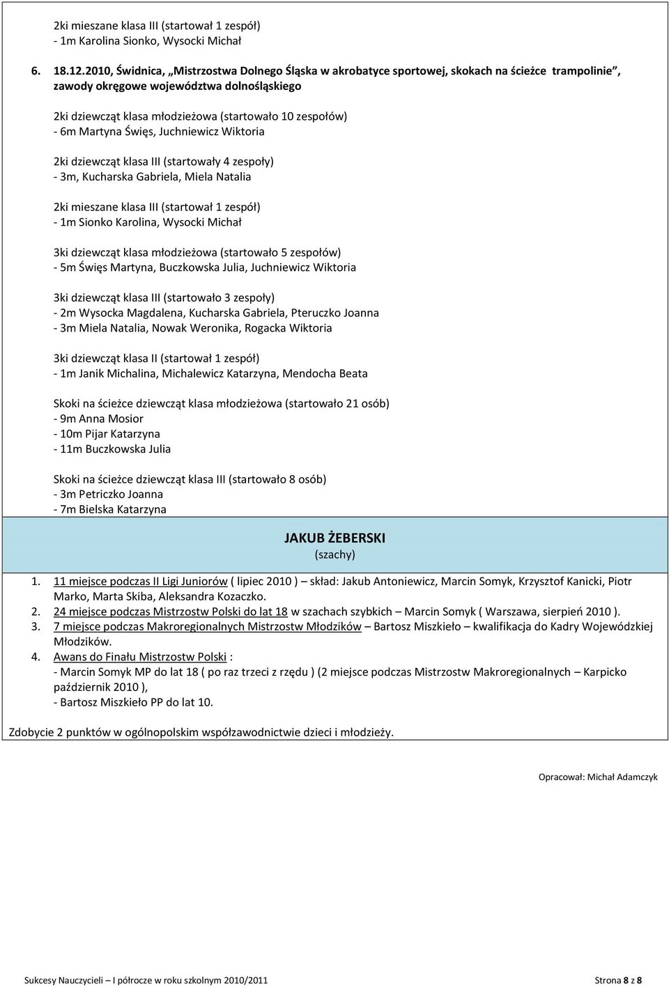 - 6m Martyna Święs, Juchniewicz Wiktoria 2ki dziewcząt klasa III (startowały 4 zespoły) - 3m, Kucharska Gabriela, Miela Natalia 2ki mieszane klasa III (startował 1 zespół) - 1m Sionko Karolina,
