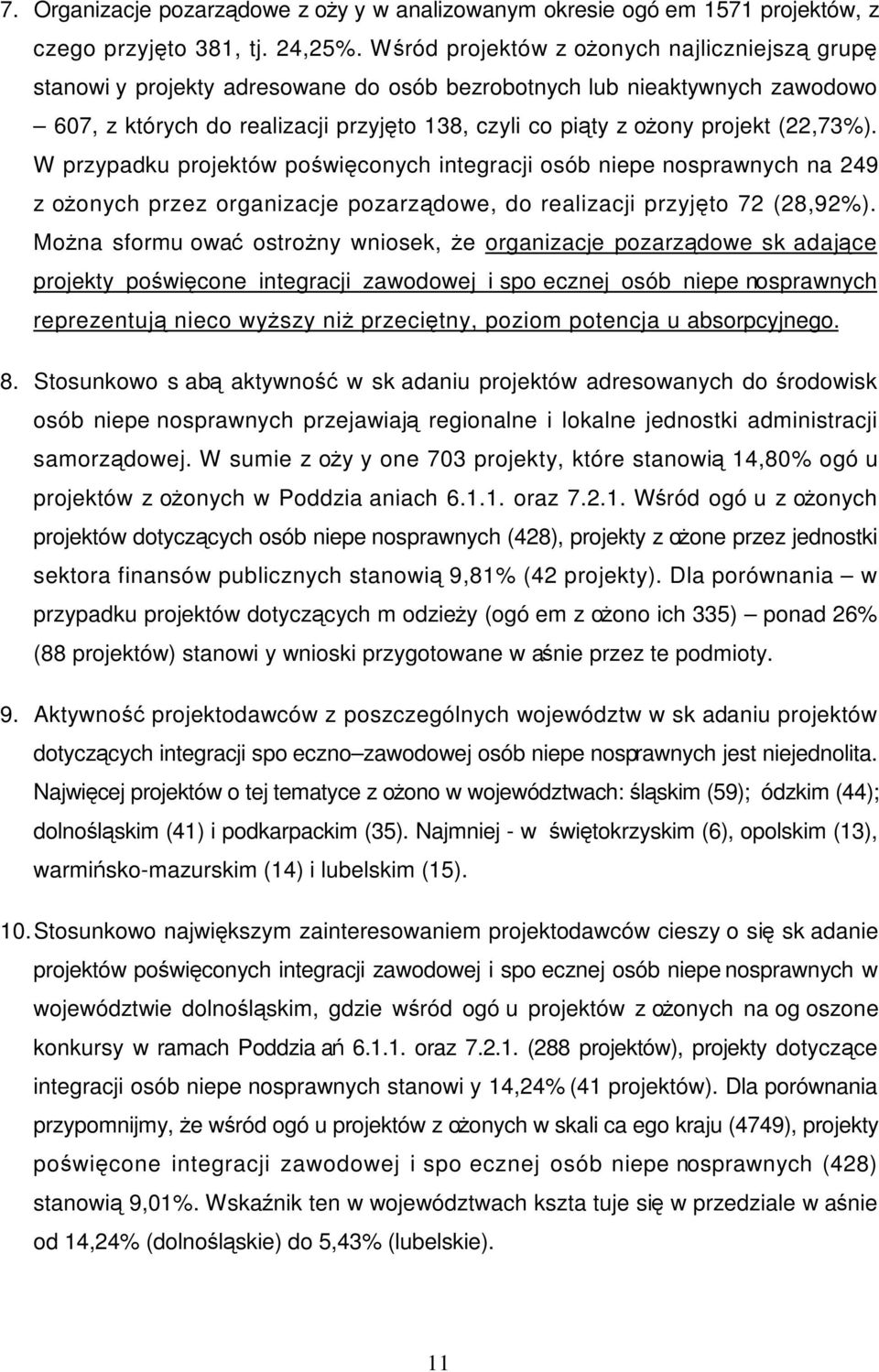 (22,73%). W przypadku projektów poświęconych integracji osób niepenosprawnych na 249 zoŝonych przez organizacje pozarządowe, do realizacji przyjęto 72 (28,92%).