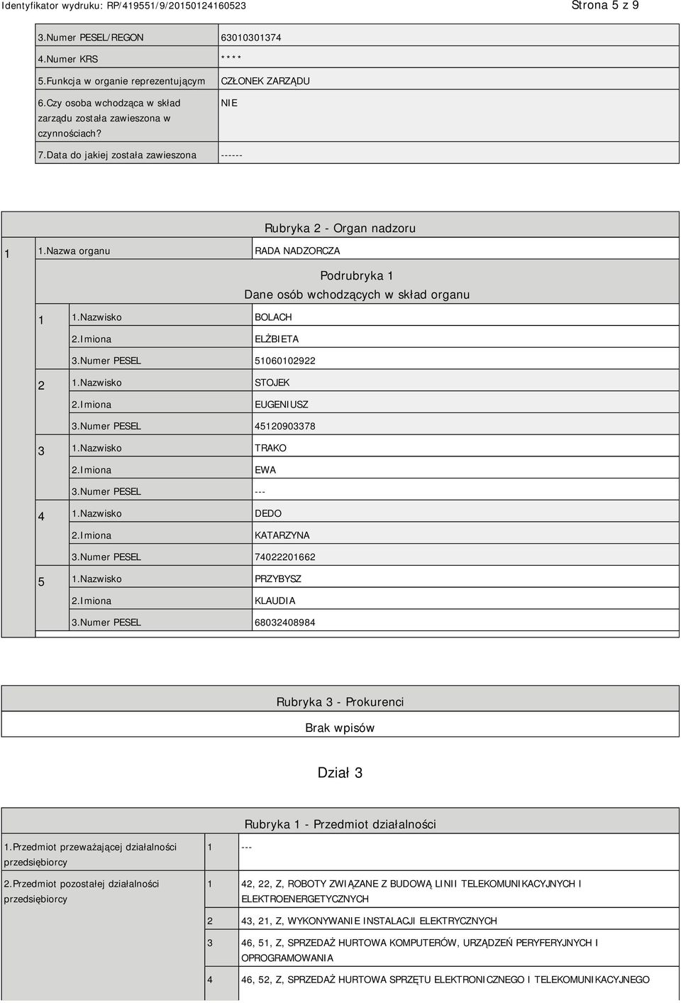 Numer PESEL 51060102922 2 1.Nazwisko STOJEK EUGENIUSZ 3.Numer PESEL 45120903378 3 1.Nazwisko TRAKO EWA 3.Numer PESEL --- 4 1.Nazwisko DEDO KATARZYNA 3.Numer PESEL 74022201662 5 1.