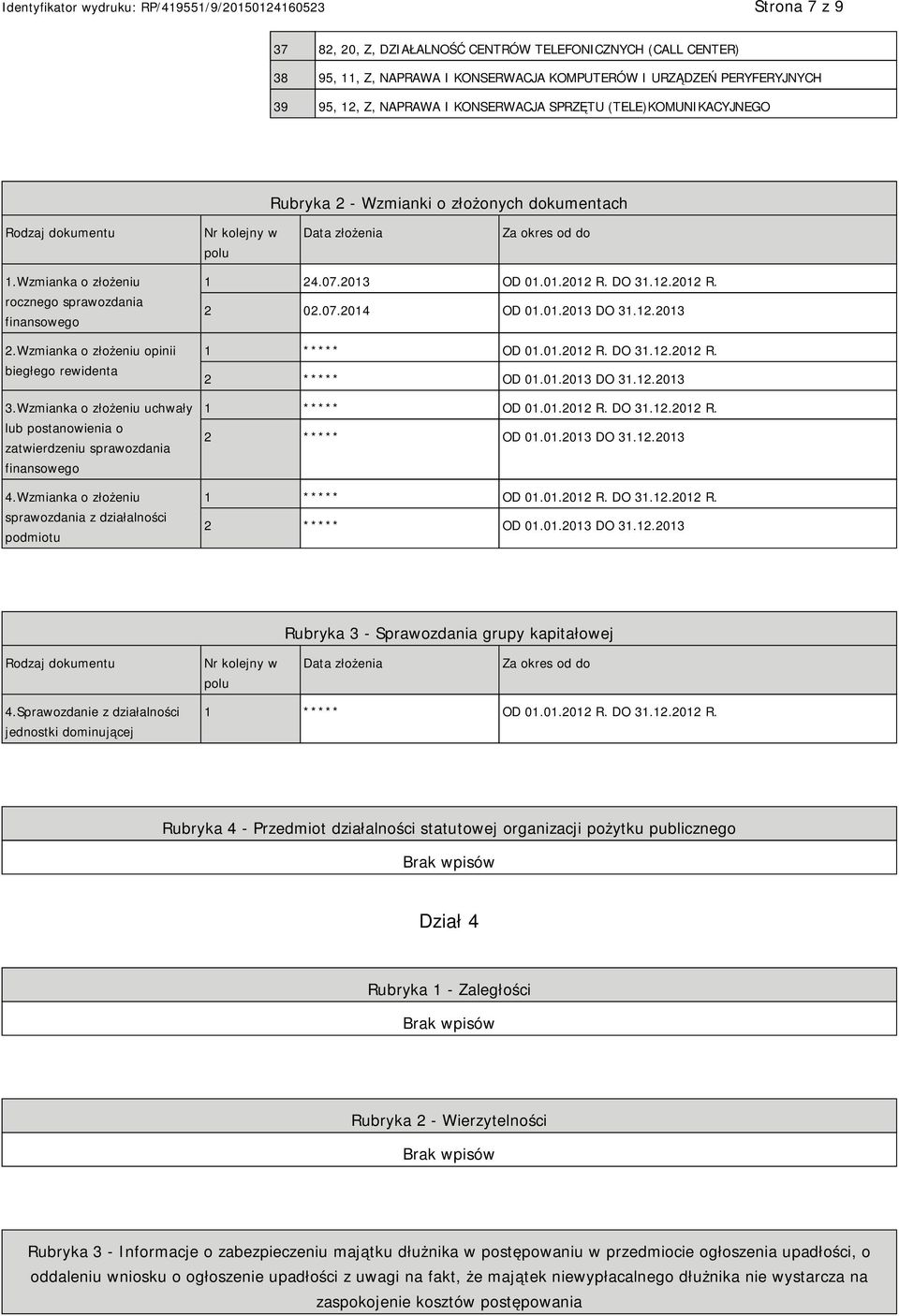 Wzmianka o złożeniu opinii biegłego rewidenta 3.Wzmianka o złożeniu uchwały lub postanowienia o zatwierdzeniu sprawozdania finansowego 4.Wzmianka o złożeniu sprawozdania z działalności podmiotu 1 24.