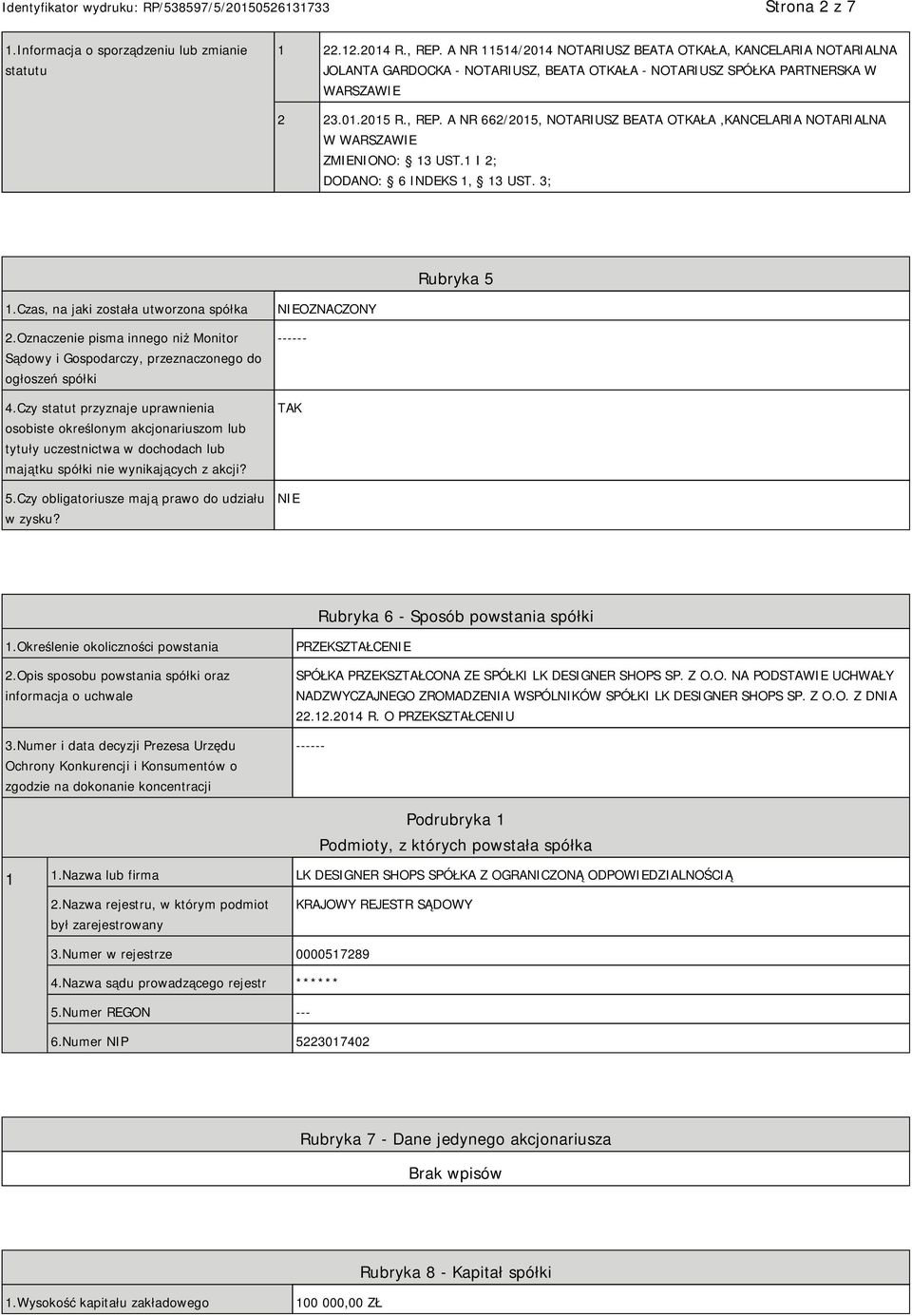 A NR 662/2015, NOTARIUSZ BEATA OTKAŁA,KANCELARIA NOTARIALNA W WARSZAWIE ZMIENIONO: 13 UST.1 I 2; DODANO: 6 INDEKS 1, 13 UST. 3; Rubryka 5 1.Czas, na jaki została utworzona spółka 2.