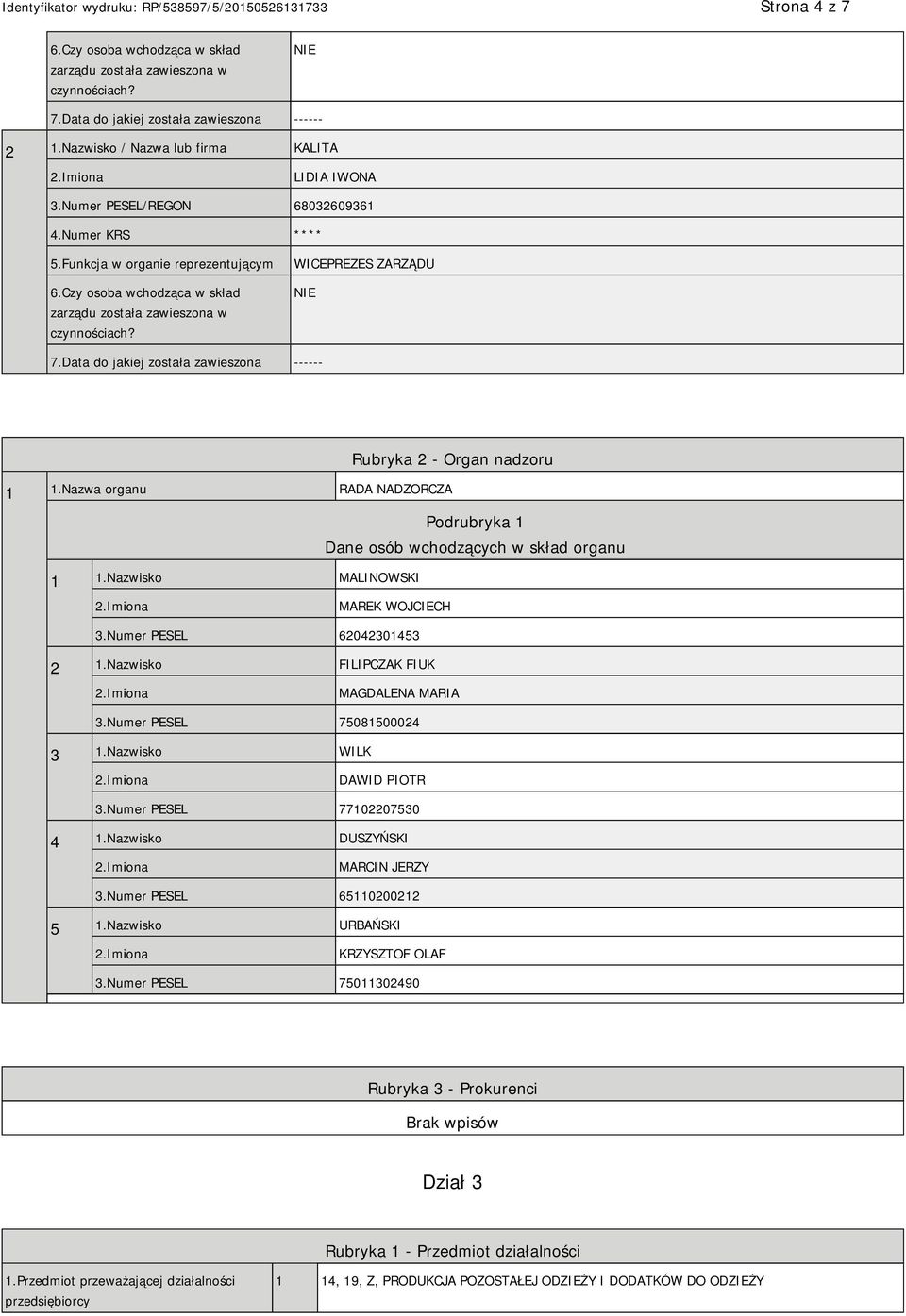 Data do jakiej została zawieszona ------ Rubryka 2 - Organ nadzoru 1 1.Nazwa organu RADA NADZORCZA Dane osób wchodzących w skład organu 1 1.Nazwisko MALINOWSKI MAREK WOJCIECH 3.