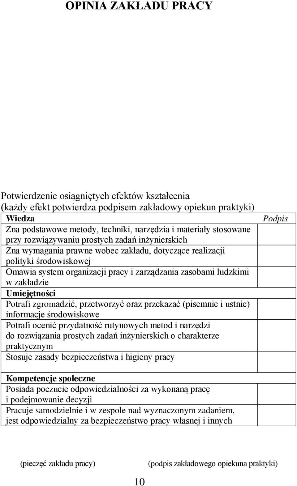 ludzkimi w zakładzie Umiejętności Potrafi zgromadzić, przetworzyć oraz przekazać (pisemnie i ustnie) informacje środowiskowe Potrafi ocenić przydatność rutynowych metod i narzędzi do rozwiązania