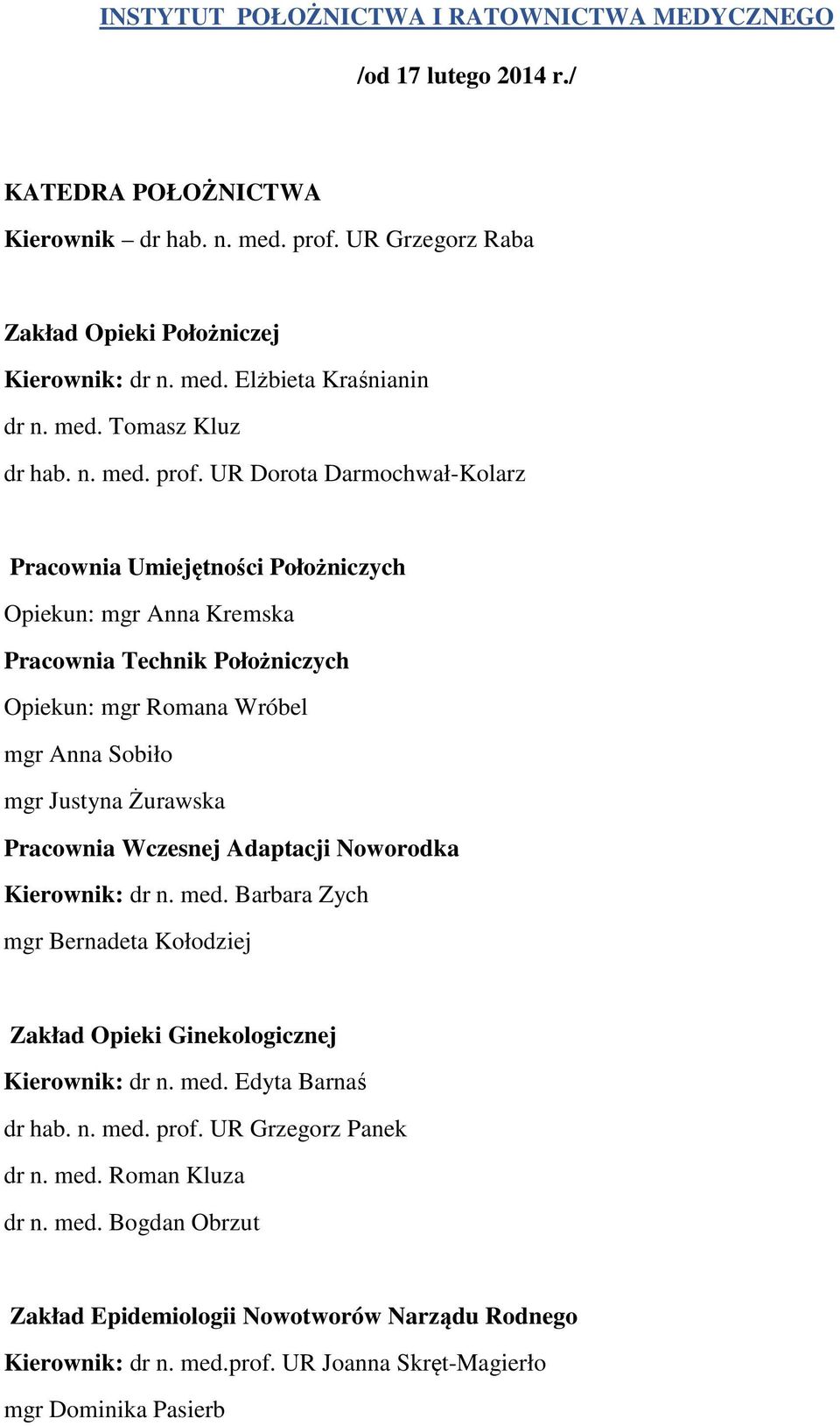 UR Dorota Darmochwał-Kolarz Pracownia Umiejętności Położniczych Opiekun: mgr Anna Kremska Pracownia Technik Położniczych Opiekun: mgr Romana Wróbel mgr Anna Sobiło mgr Justyna Żurawska Pracownia