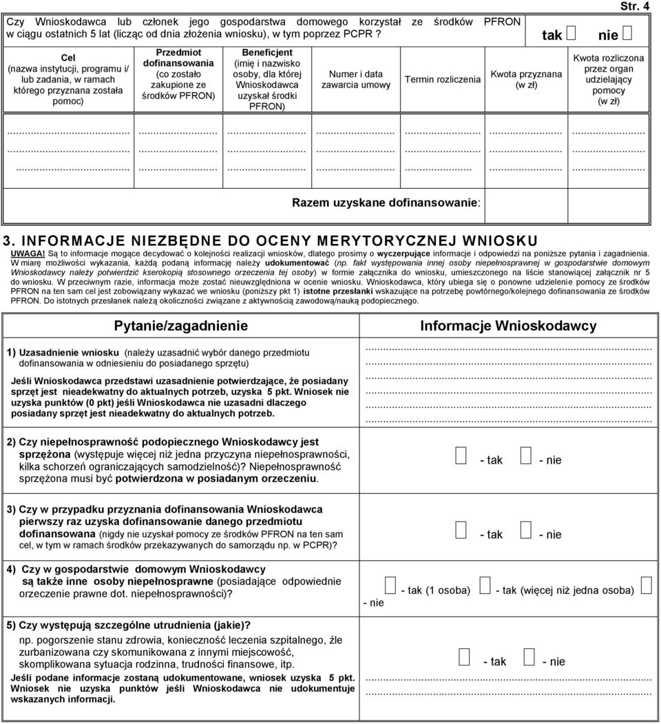 dla której Wnioskodawca uzyskał środki PFRON) Numer i data zawarcia umowy Termin rozliczenia Kwota przyznana (w zł) Str. 4 Kwota rozliczona przez organ udzielający pomocy (w zł).