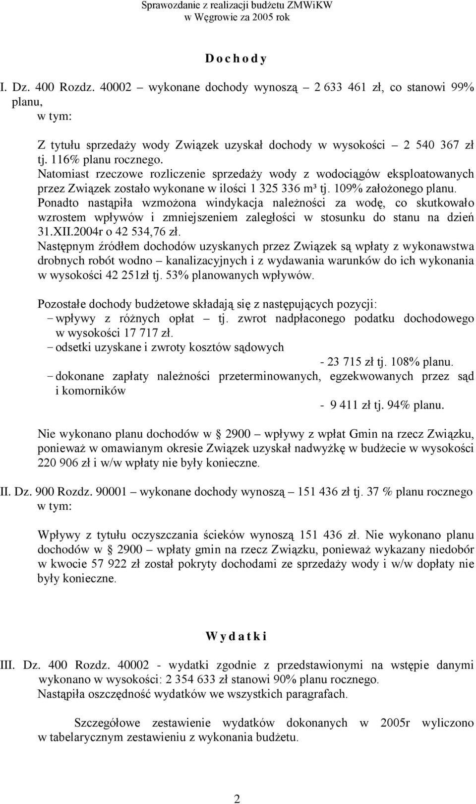 Ponadto nastąpiła wzmoŝona windykacja naleŝności za wodę, co skutkowało wzrostem wpływów i zmniejszeniem zaległości w stosunku do stanu na dzień 31.XII.2004r o 42 534,76 zł.