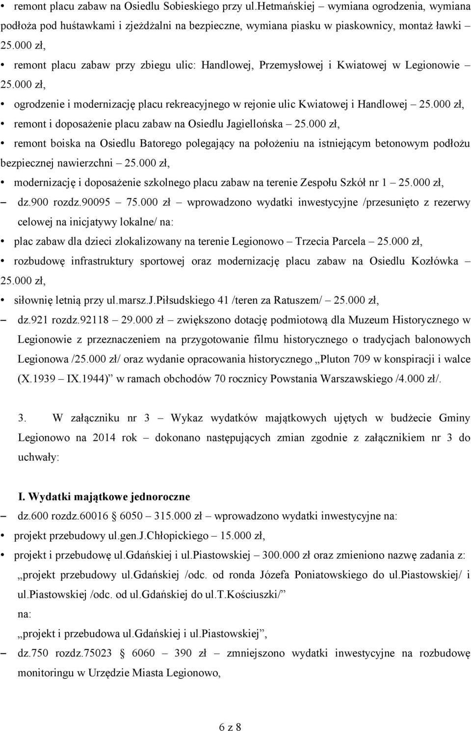 Kwiatowej w Legionowie ogrodzenie i modernizację placu rekreacyjnego w rejonie ulic Kwiatowej i Handlowej remont i doposażenie placu zabaw na Osiedlu Jagiellońska remont boiska na Osiedlu Batorego
