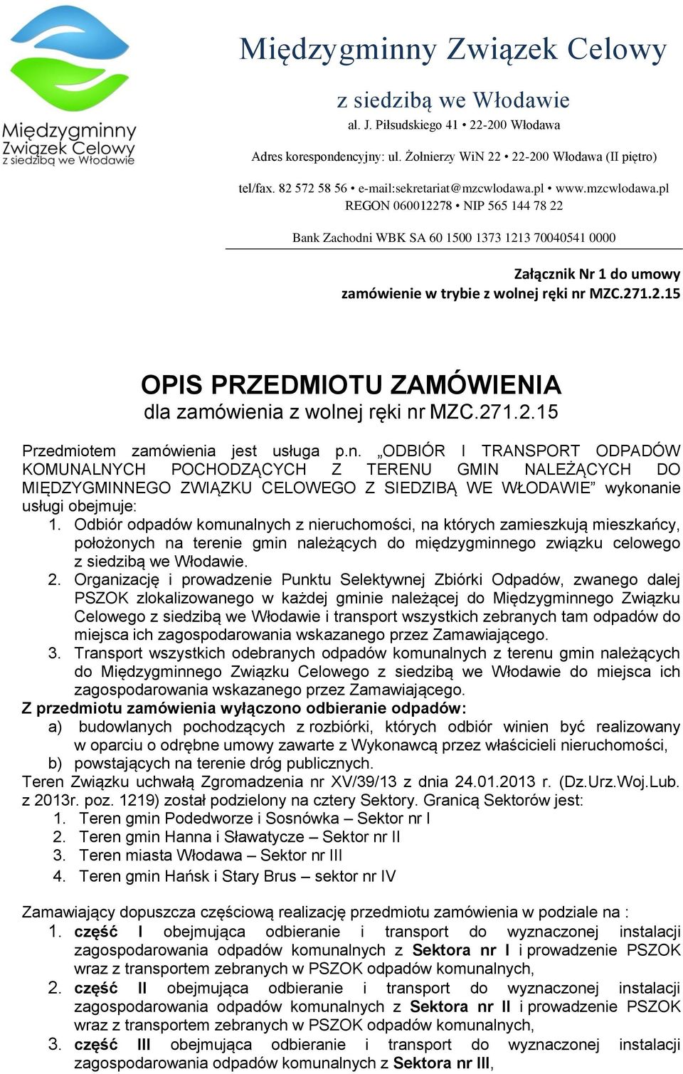 271.2.15 OPIS PRZEDMIOTU ZAMÓWIENIA dla zamówieni