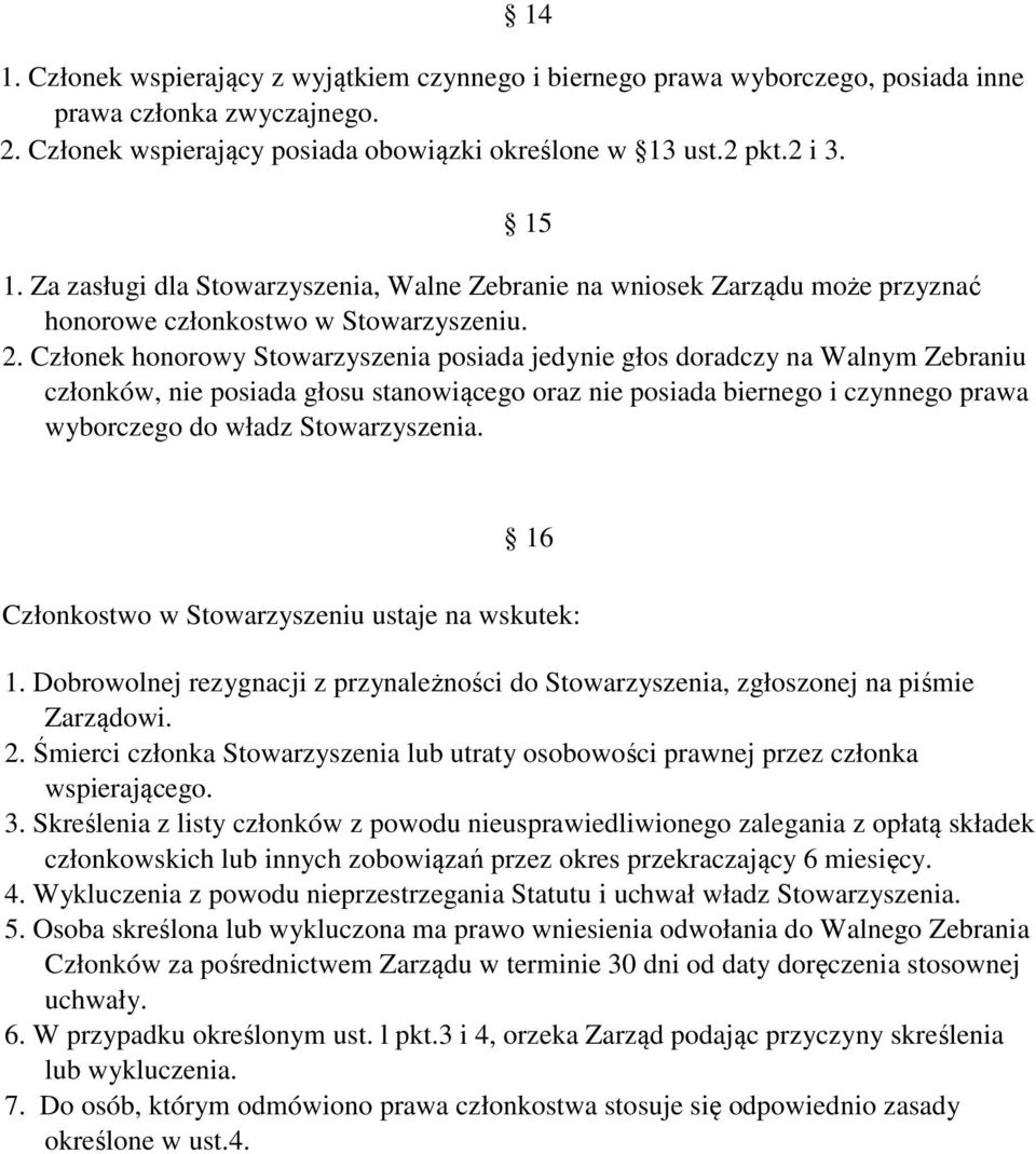 Członek honorowy Stowarzyszenia posiada jedynie głos doradczy na Walnym Zebraniu członków, nie posiada głosu stanowiącego oraz nie posiada biernego i czynnego prawa wyborczego do władz Stowarzyszenia.