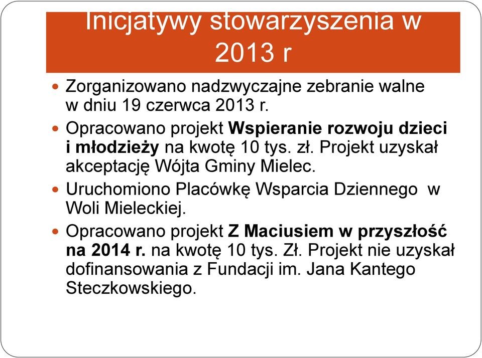 Projekt uzyskał akceptację Wójta Gminy Mielec. Uruchomiono Placówkę Wsparcia Dziennego w Woli Mieleckiej.