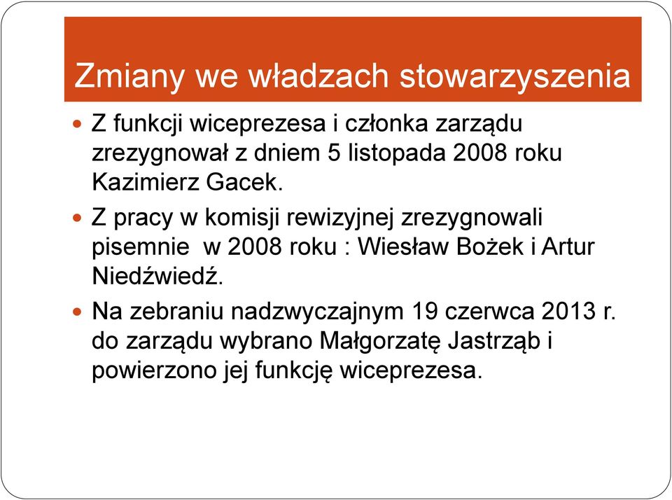 Z pracy w komisji rewizyjnej zrezygnowali pisemnie w 2008 roku : Wiesław Bożek i Artur