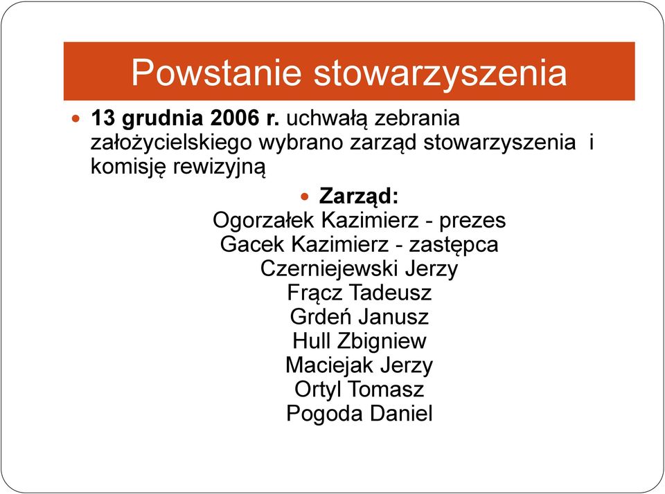 rewizyjną Zarząd: Ogorzałek Kazimierz - prezes Gacek Kazimierz - zastępca