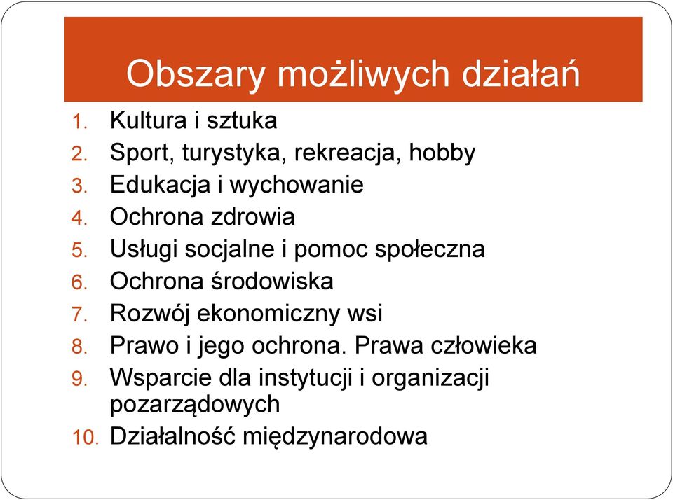 Usługi socjalne i pomoc społeczna 6. Ochrona środowiska 7. Rozwój ekonomiczny wsi 8.