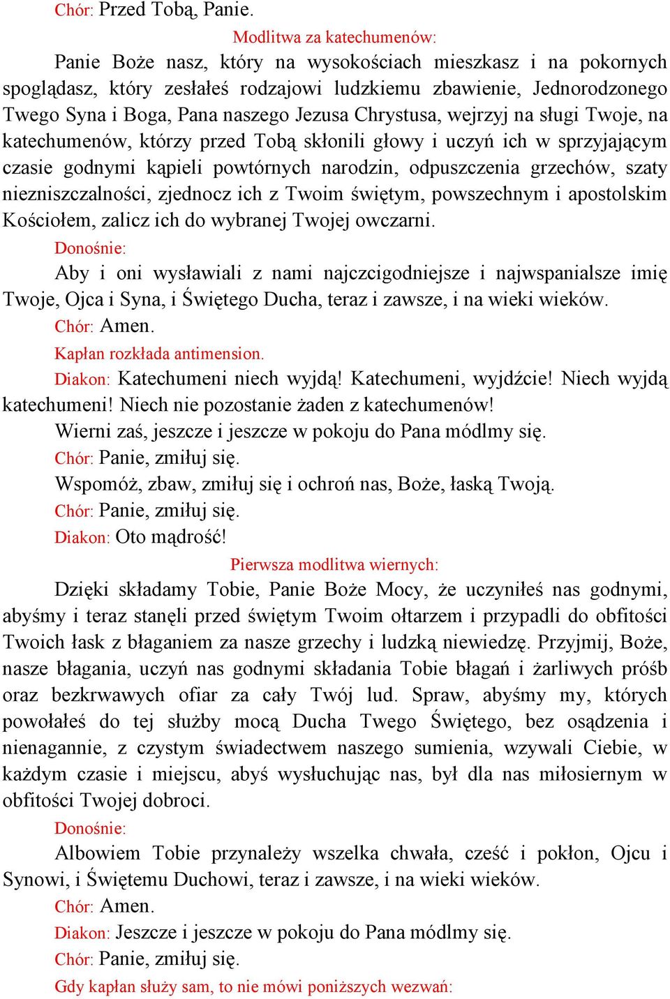 Jezusa Chrystusa, wejrzyj na sługi Twoje, na katechumenów, którzy przed Tobą skłonili głowy i uczyń ich w sprzyjającym czasie godnymi kąpieli powtórnych narodzin, odpuszczenia grzechów, szaty