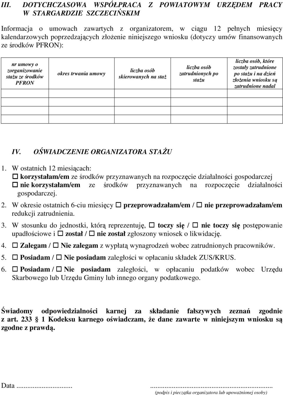 stażu liczba osób, które zostały zatrudnione po stażu i na dzień złożenia wniosku są zatrudnione nadal IV. OŚWIADCZENIE ORGANIZATORA STAŻU 1.