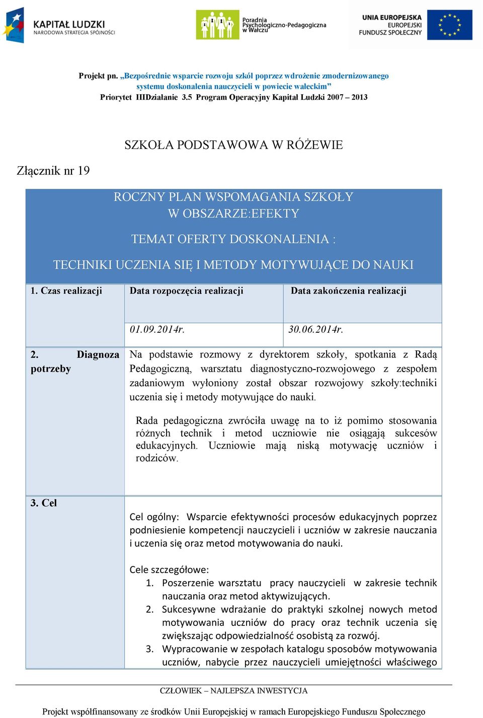 MOTYWUJĄCE DO NAUKI 1. Czas realizacji Data rozpoczęcia realizacji Data zakończenia realizacji 01.09.2014r. 30.06.2014r. 2.