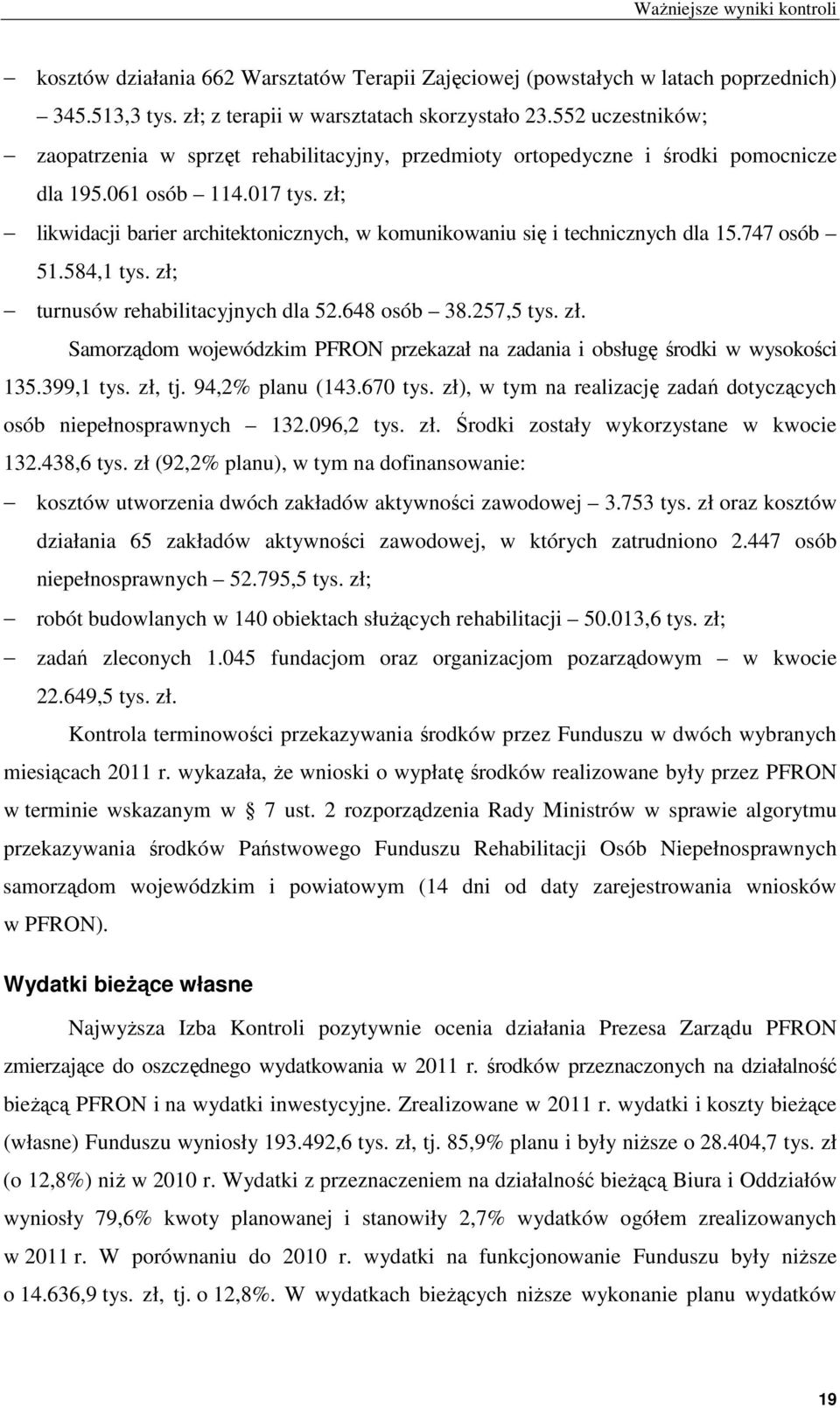 zł; likwidacji barier architektonicznych, w komunikowaniu się i technicznych dla 15.747 osób 51.584,1 tys. zł; turnusów rehabilitacyjnych dla 52.648 osób 38.257,5 tys. zł. Samorządom wojewódzkim PFRON przekazał na zadania i obsługę środki w wysokości 135.