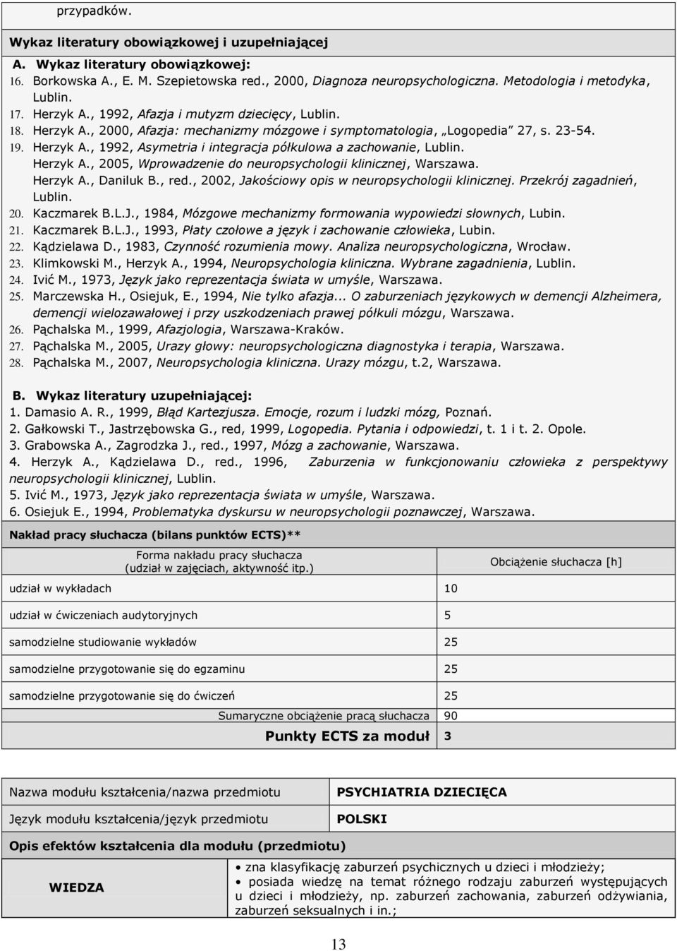 Herzyk A., 2005, Wprowadzenie do neuropsychologii klinicznej, Warszawa. Herzyk A., Daniluk B., red., 2002, Jakościowy opis w neuropsychologii klinicznej. Przekrój zagadnień, Lublin. 20. Kaczmarek B.L.J., 1984, Mózgowe mechanizmy formowania wypowiedzi słownych, Lubin.