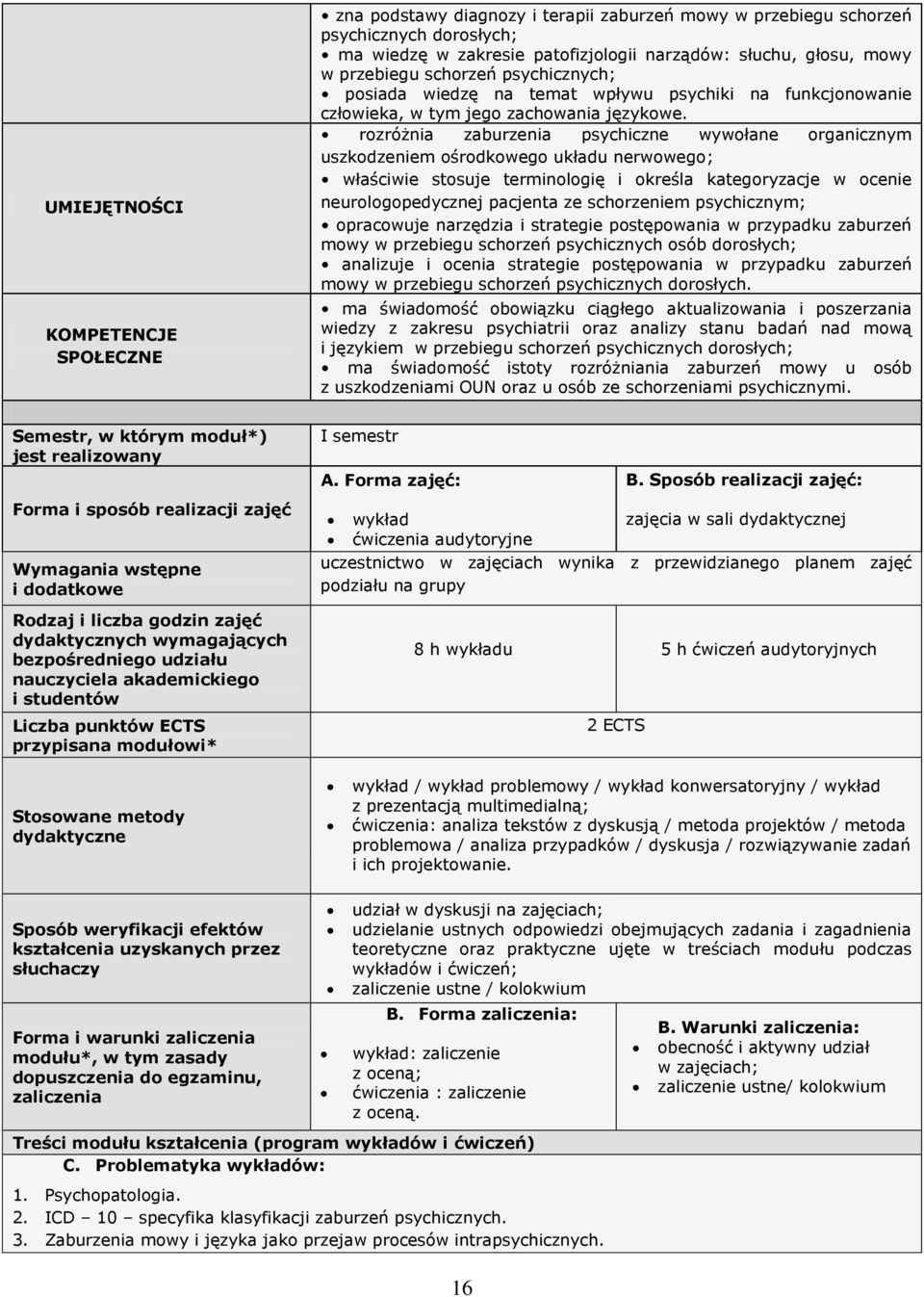 rozróżnia zaburzenia psychiczne wywołane organicznym uszkodzeniem ośrodkowego układu nerwowego; właściwie stosuje terminologię i określa kategoryzacje w ocenie neurologopedycznej pacjenta ze