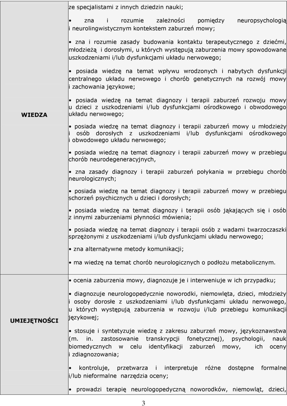 centralnego układu nerwowego i chorób genetycznych na rozwój mowy i zachowania językowe; WIEDZA posiada wiedzę na temat diagnozy i terapii zaburzeń rozwoju mowy u dzieci z uszkodzeniami i/lub