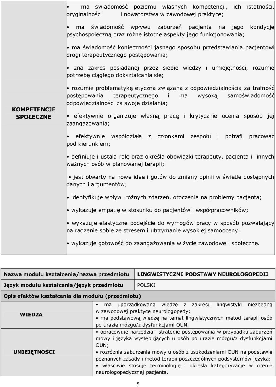 rozumie potrzebę ciągłego dokształcania się; KOMPETENCJE SPOŁECZNE rozumie problematykę etyczną związaną z odpowiedzialnością za trafność postępowania terapeutycznego i ma wysoką samoświadomość