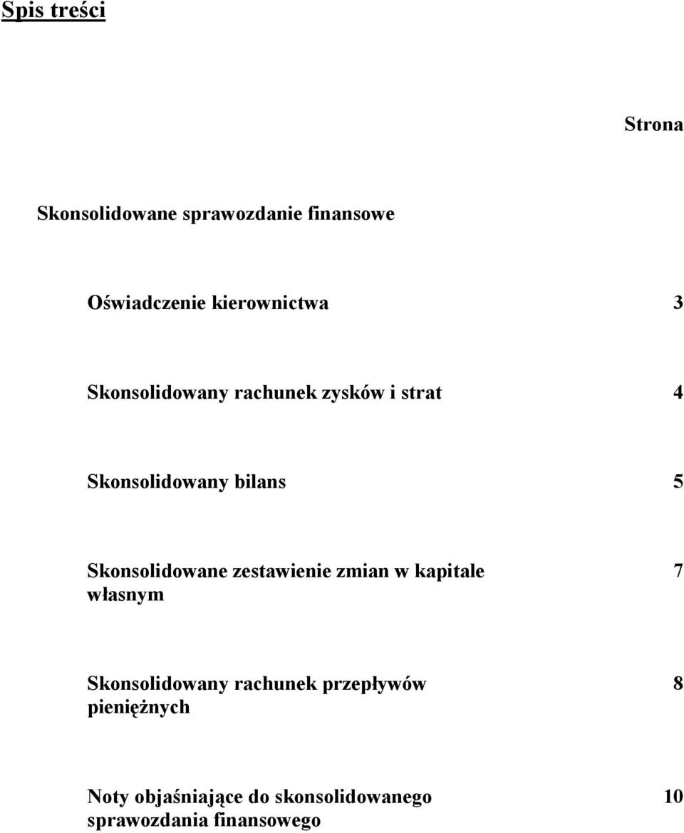 Skonsolidowane zestawienie zmian w kapitale własnym 7 Skonsolidowany rachunek
