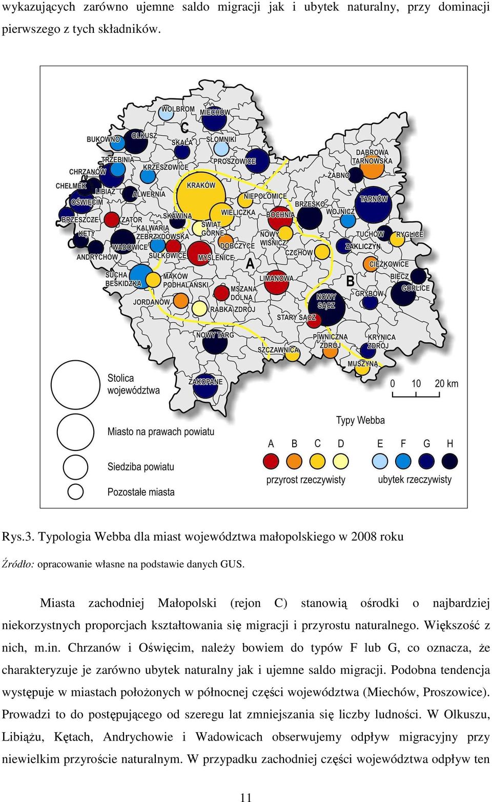 Miasta zachodniej Małopolski (rejon C) stanowią ośrodki o najbardziej niekorzystnych proporcjach kształtowania się migracji i przyrostu naturalnego. Większość z nich, m.in.