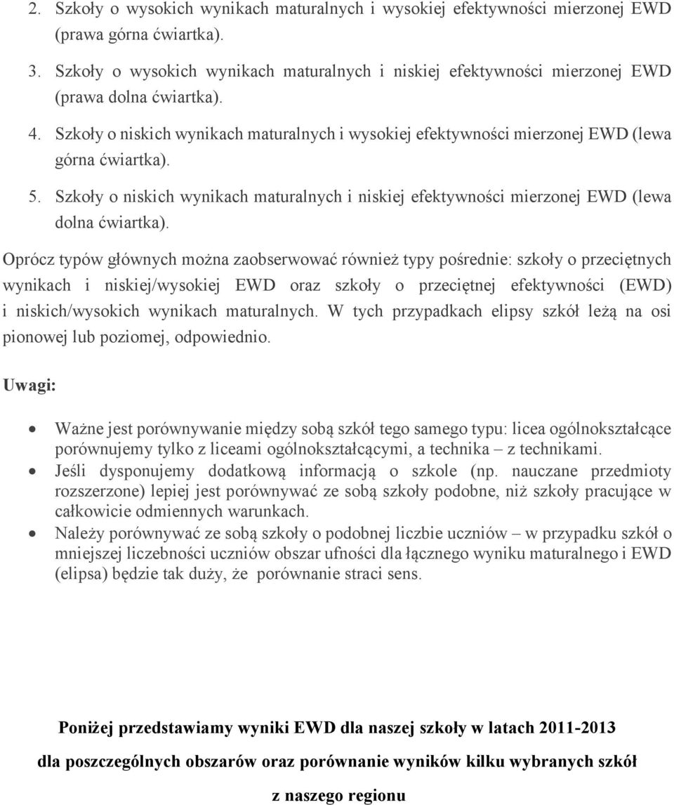 Szkoły o niskich wynikach maturalnych i wysokiej efektywności mierzonej EWD (lewa górna ćwiartka). 5. Szkoły o niskich wynikach maturalnych i niskiej efektywności mierzonej EWD (lewa dolna ćwiartka).