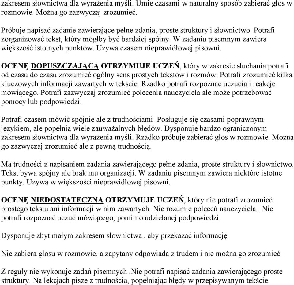 Używa czasem nieprawidłowej pisowni. OCENĘ DOPUSZCZAJĄCĄ OTRZYMUJE UCZEŃ, który w zakresie słuchania potrafi od czasu do czasu zrozumieć ogólny sens prostych tekstów i rozmów.