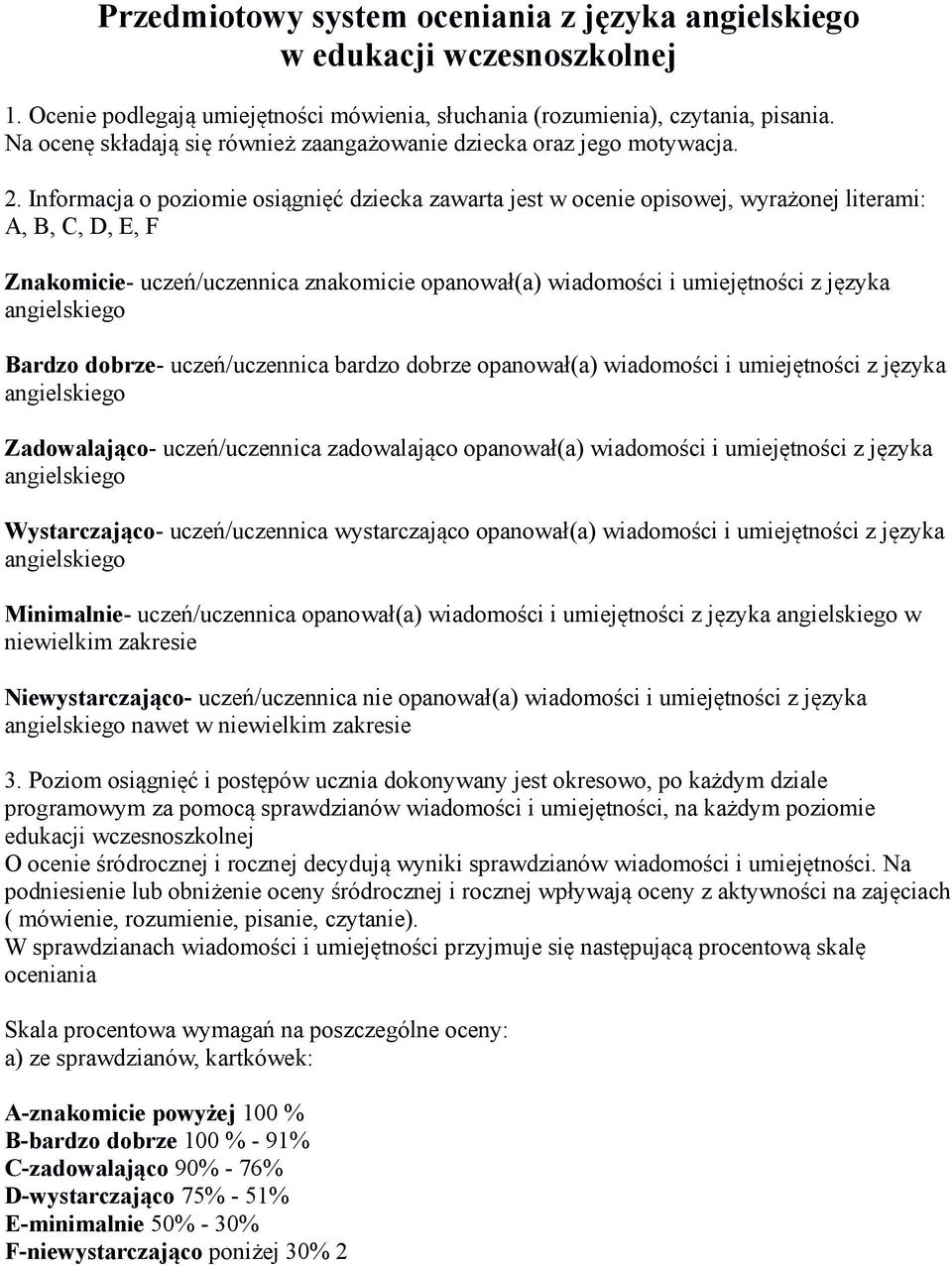 Informacja o poziomie osiągnięć dziecka zawarta jest w ocenie opisowej, wyrażonej literami: A, B, C, D, E, F Znakomicie- uczeń/uczennica znakomicie opanował(a) wiadomości i umiejętności z języka