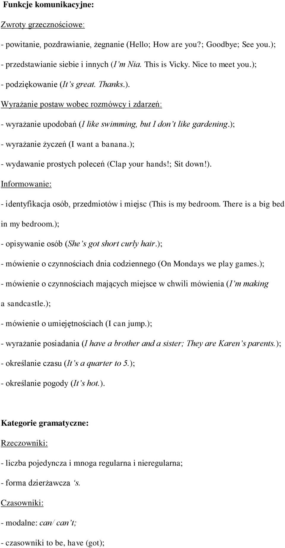 ); - wydawanie prostych poleceń (Clap your hands!; Sit down!). Informowanie: - identyfikacja osób, przedmiotów i miejsc (This is my bedroom. There is a big bed in my bedroom.