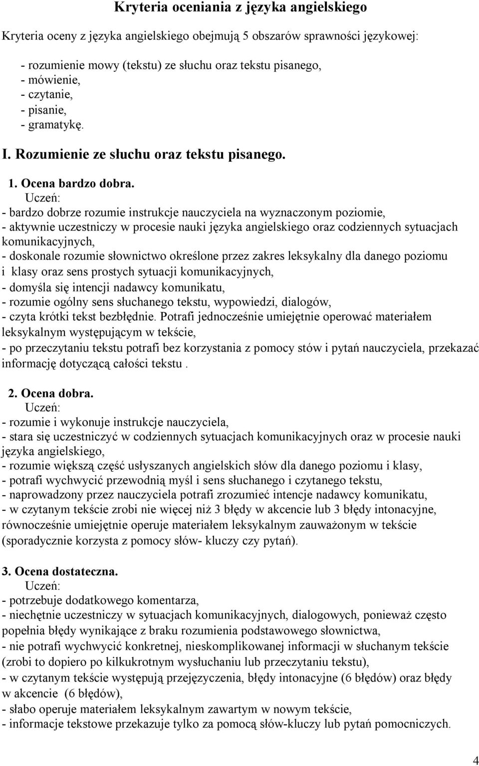 - bardzo dobrze rozumie instrukcje nauczyciela na wyznaczonym poziomie, - aktywnie uczestniczy w procesie nauki języka angielskiego oraz codziennych sytuacjach komunikacyjnych, - doskonale rozumie