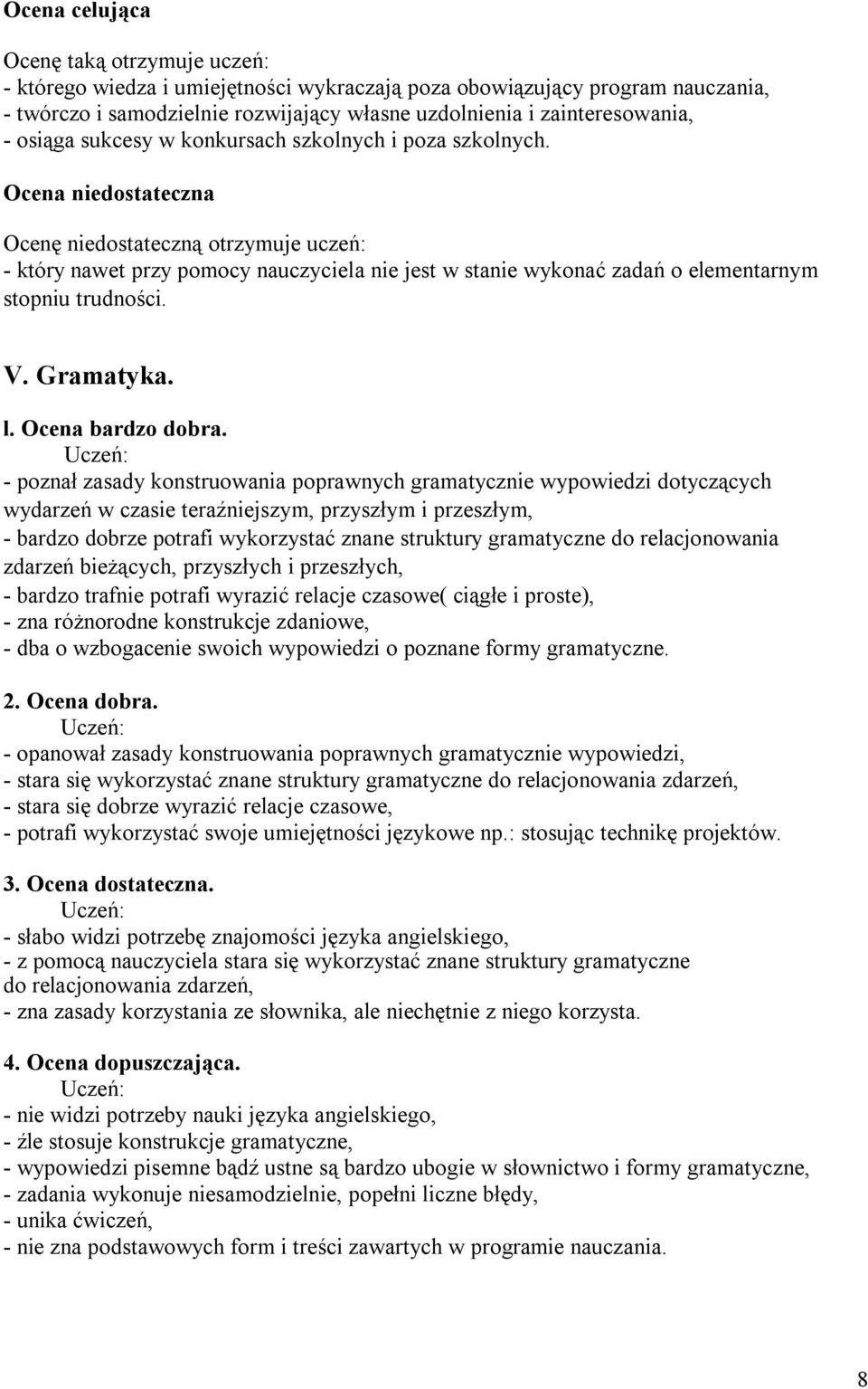 Ocena niedostateczna Ocenę niedostateczną otrzymuje uczeń: - który nawet przy pomocy nauczyciela nie jest w stanie wykonać zadań o elementarnym stopniu trudności. V. Gramatyka. l. Ocena bardzo dobra.