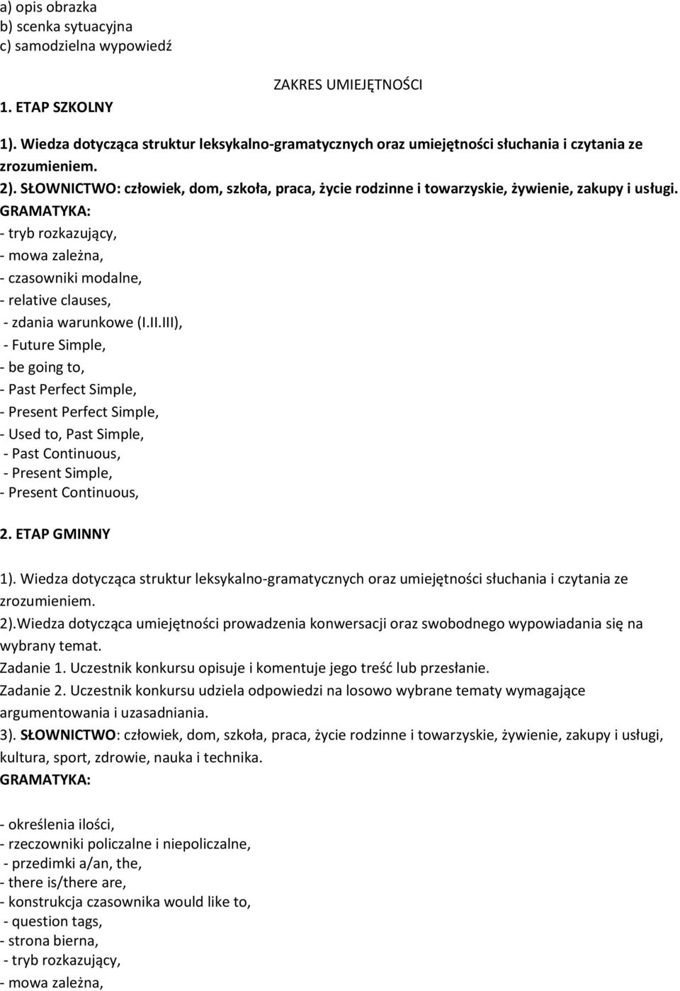 SŁOWNICTWO: człowiek, dom, szkoła, praca, życie rodzinne i towarzyskie, żywienie, zakupy i usługi.