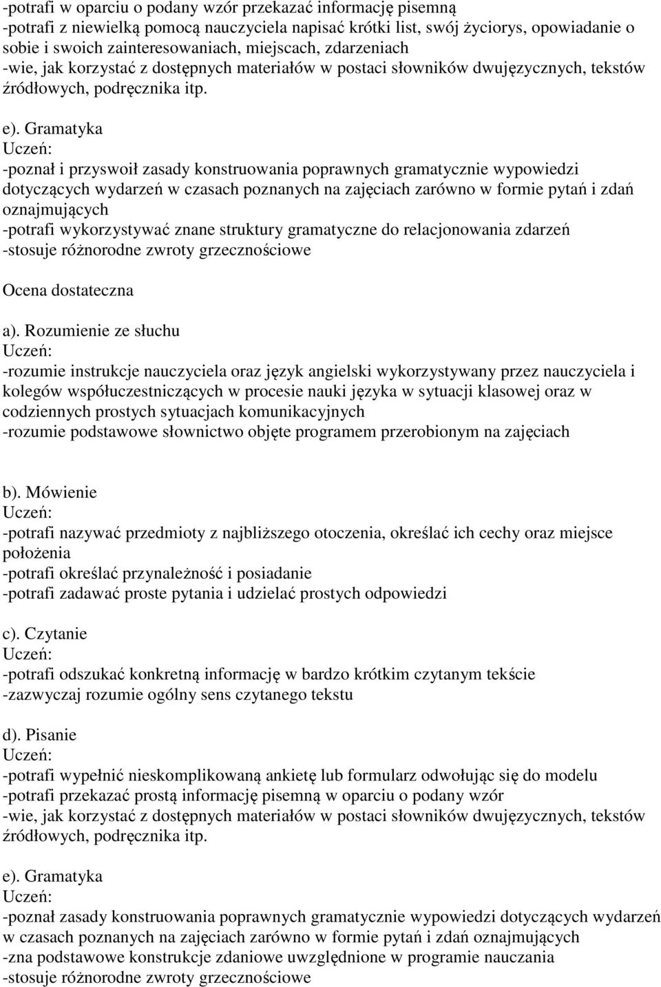 dostateczna codziennych prostych sytuacjach komunikacyjnych -rozumie podstawowe słownictwo objęte programem przerobionym na zajęciach -potrafi nazywać przedmioty z najbliższego otoczenia, określać