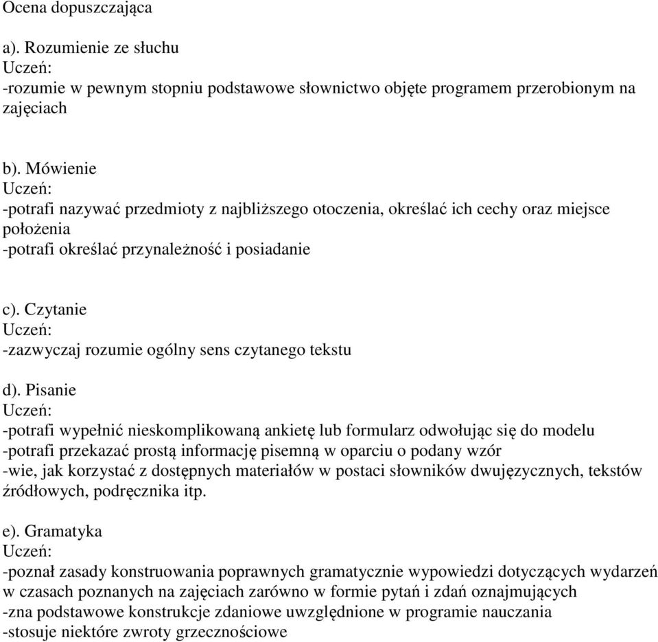 odwołując się do modelu -potrafi przekazać prostą informację pisemną w oparciu o podany wzór -poznał zasady konstruowania poprawnych gramatycznie wypowiedzi dotyczących wydarzeń w