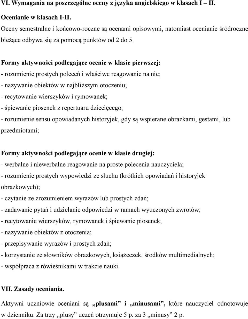 Formy aktywności podlegające ocenie w klasie pierwszej: - rozumienie prostych poleceń i właściwe reagowanie na nie; - nazywanie obiektów w najbliższym otoczeniu; - recytowanie wierszyków i rymowanek;