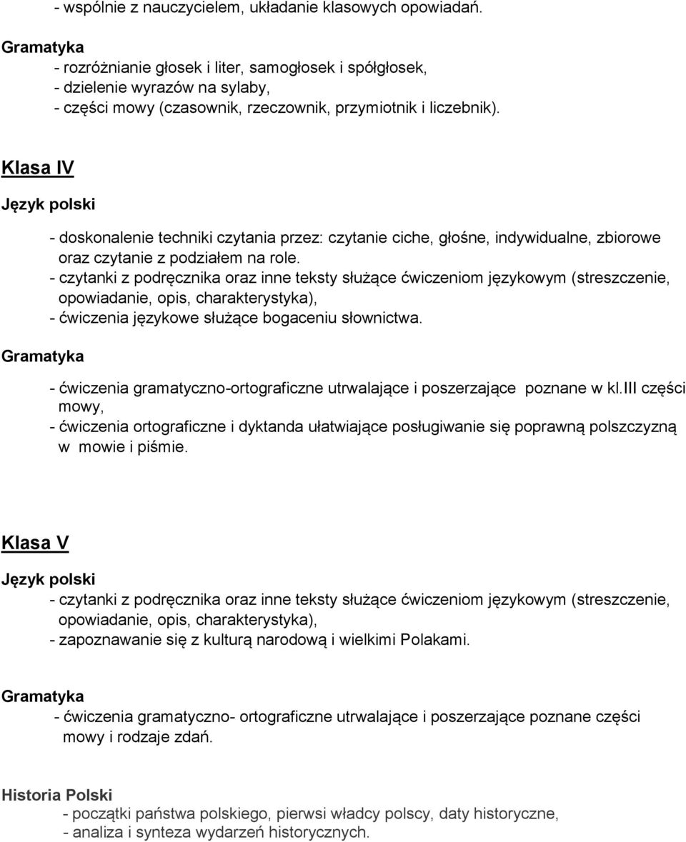 Klasa IV - doskonalenie techniki czytania przez: czytanie ciche, głośne, indywidualne, zbiorowe oraz czytanie z podziałem na role.