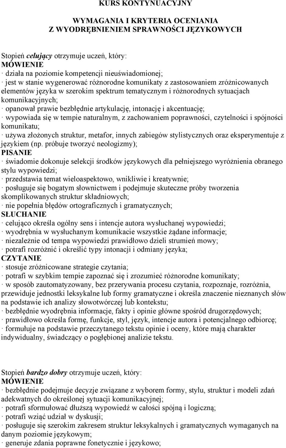 intonację i akcentuację; wypowiada się w tempie naturalnym, z zachowaniem poprawności, czytelności i spójności komunikatu; używa złożonych struktur, metafor, innych zabiegów stylistycznych oraz