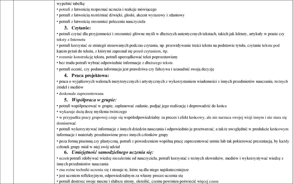 Czytanie: potrafi czytać dla przyjemności i zrozumieć główne myśli w dłuższych autentycznych tekstach, takich jak lektury, artykuły w prasie czy teksty z Internetu potrafi korzystać ze strategii